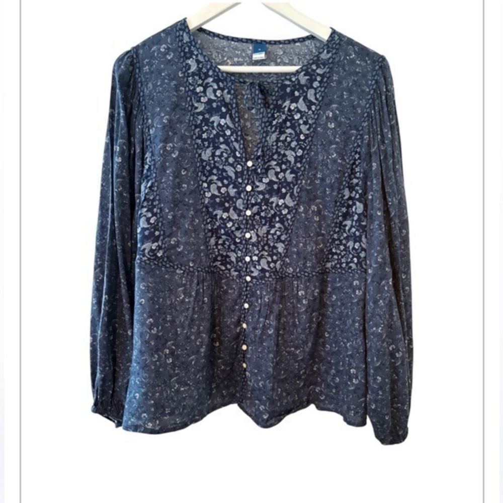 Old Navy Blue Oversized Button-Front Prairie Cottagecore -Print Poet Blouse XL
